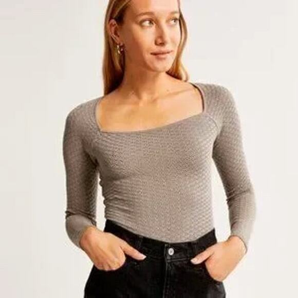 Abercrombie & Fitch Taupe Brown Pointelle Knit Square Neck Bodysuit Top SZ S - Picture 1 of 11